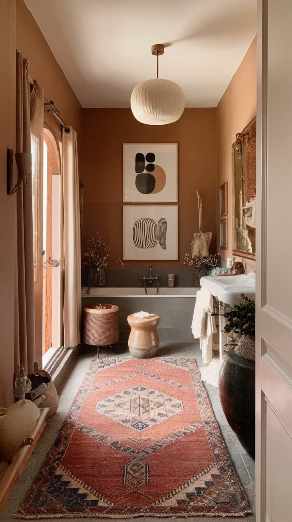 earthy-toned bathroom with layered art, vintage rug, ceramic stool