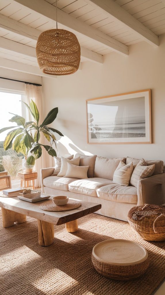 living room with sand linen sofa, driftwood table, seagrass rug, coastal ceramics, framed seascape