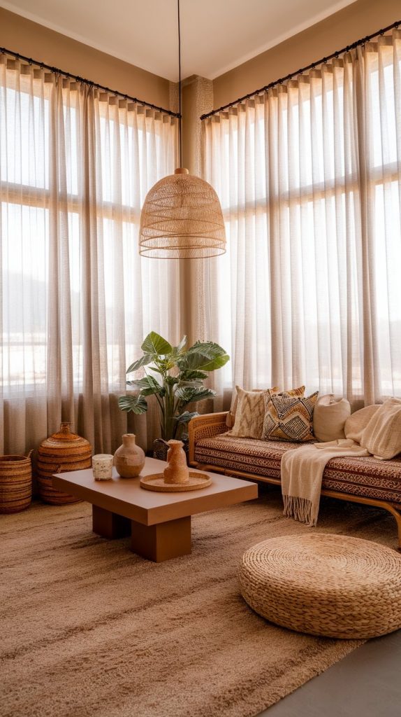 an airy Afro Chic living room with large windows, sheer curtains, woven lighting, layered textures, and warm earthy accents