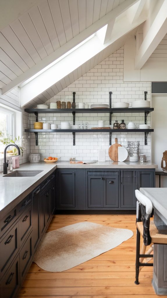 a kitchen with graphite cabinets, concrete countertops, black metal shelving, and soft wood floors