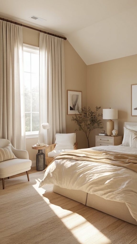 farmhouse bedroom with beige walls, full-length linen curtains, cream bedding, and soft neutral accents