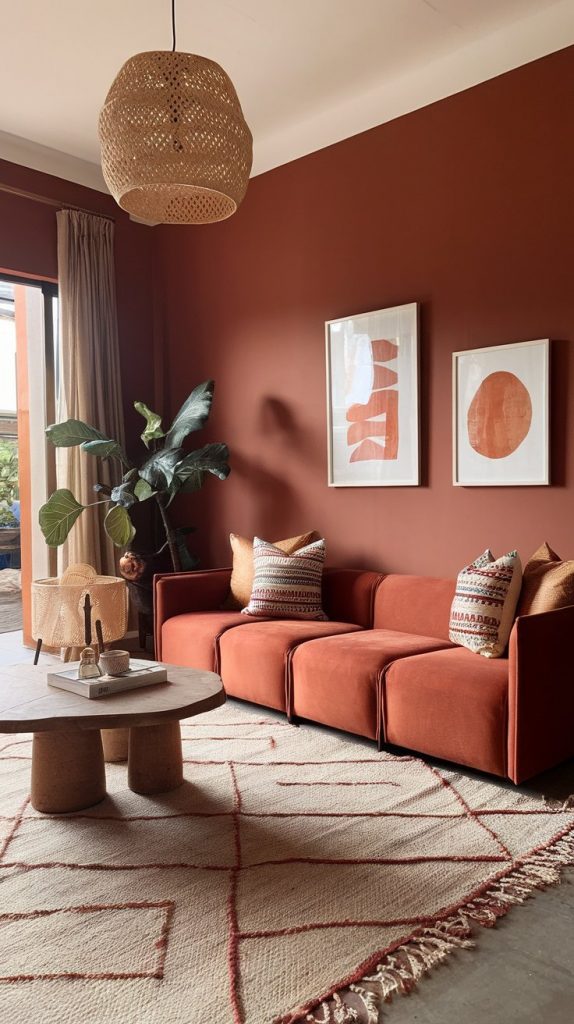 a living room with terracotta walls, modular sofa, artisan wood and brass accents, layered geometric rug, wax print pillows