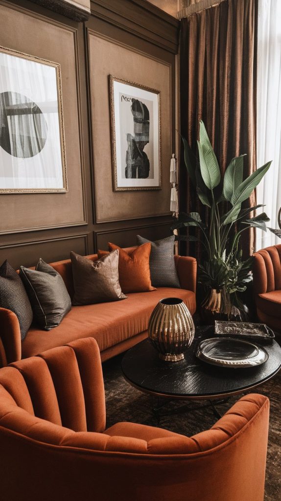 a jewel-toned Afro Chic living room with rich textures, velvet furniture, framed art, metallic planters