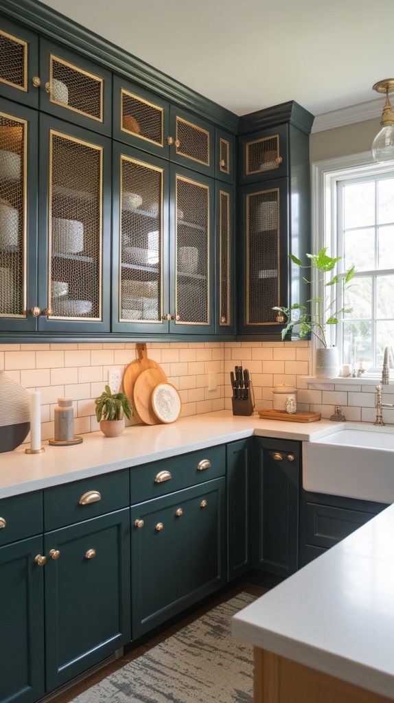 kitchen shot with dark teal cabinets, brass mesh door inserts, ivory countertops