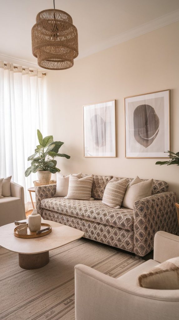 a living room with a patterned Afro Chic sofa, neutral decor, simple lighting, and coordinated accents in a soft