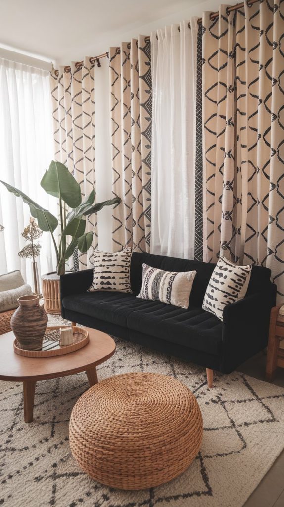 a monochrome Afro Chic living room with mud cloth pillows, patterned curtains, black sofa, cane furniture