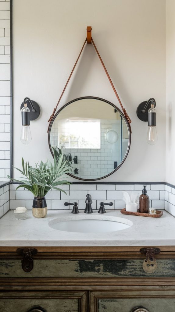 a bathroom vanity with leather strap mirror, dark sconces, soft natural lighting, leather and metal textures
