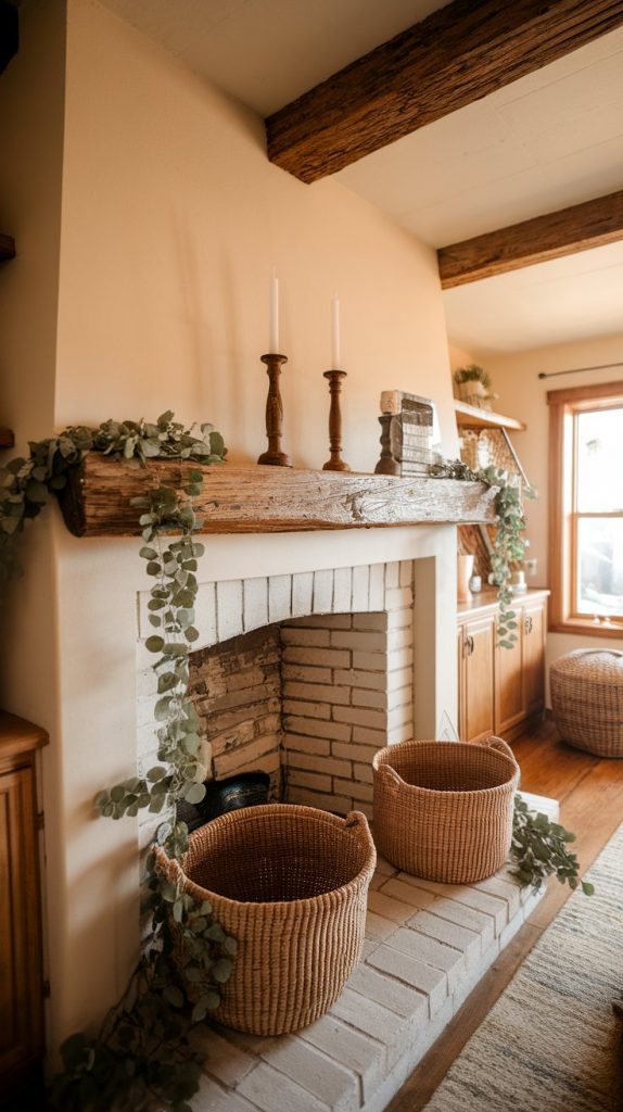 a cozy farmhouse living room fireplace mantel with a reclaimed wood beam, vintage candlesticks, woven baskets on hearth