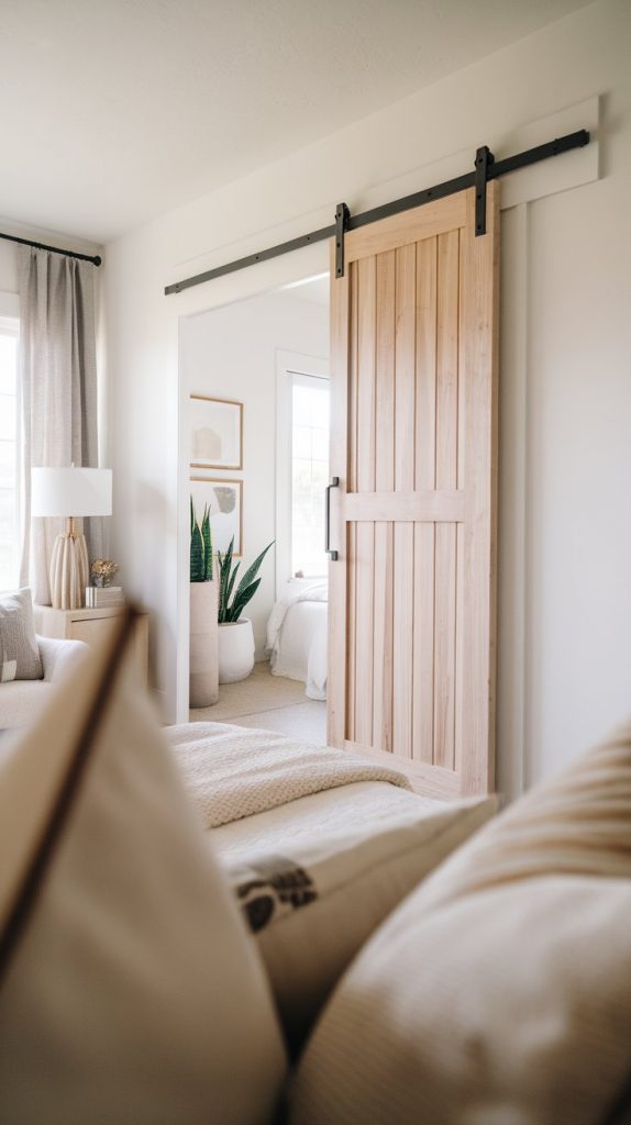 farmhouse bedroom with sliding barn door closet, natural wood, black metal hardware, white walls and soft textures
