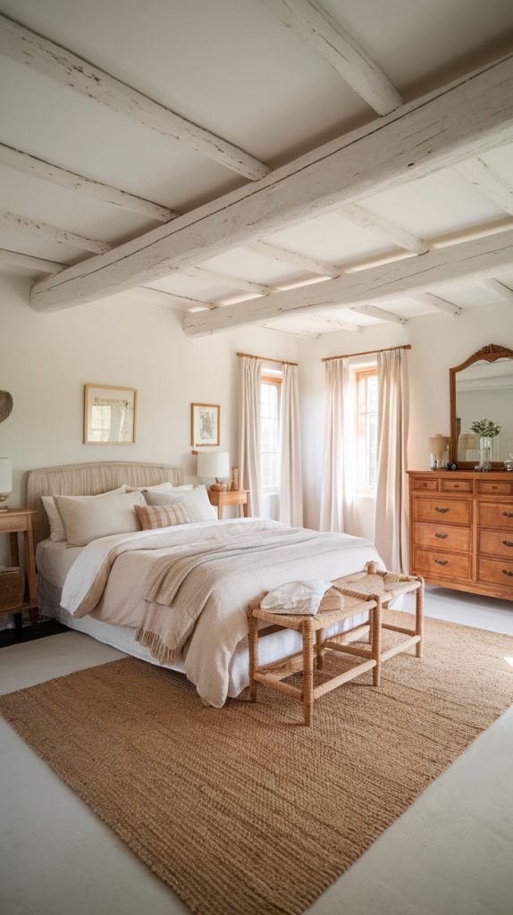 a farmhouse bedroom with white walls, natural wood beams, and vintage wooden furniture, soft linen bedding, and jute rug
