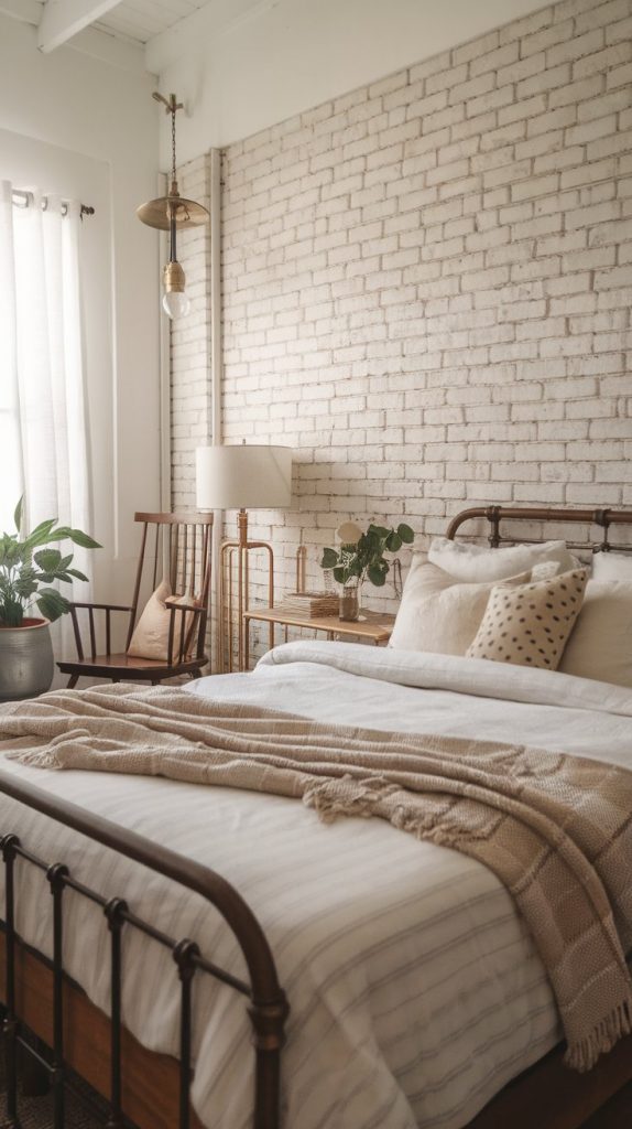 farmhouse bedroom with whitewashed brick accent wall, neutral linens, wood bed frame, and brass accents