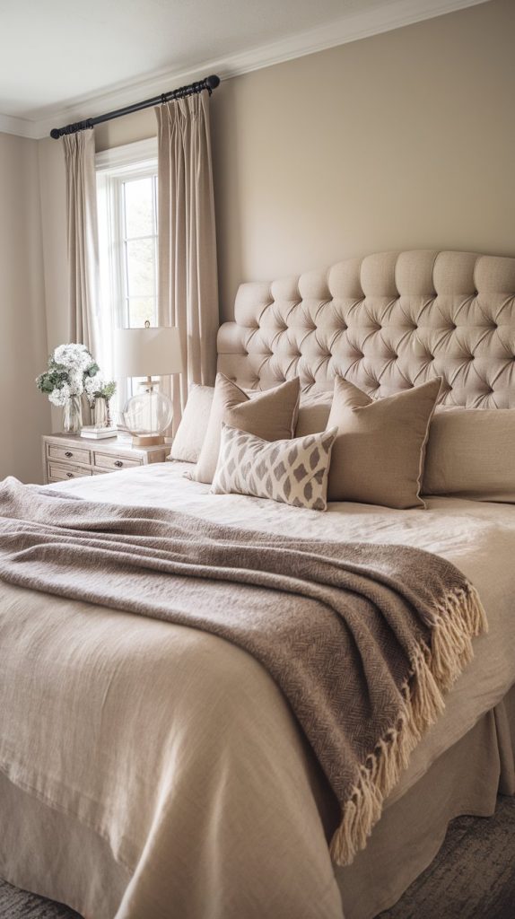 farmhouse bedroom with beige linen bedding, tufted headboard, layered throws and pillows in greys and taupes