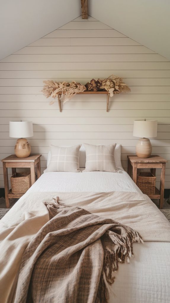 farmhouse bedroom with shiplap accent wall, rustic wood nightstands, ceramic lamps, woven baskets, and dried florals