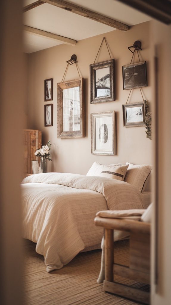 farmhouse bedroom with neutral-toned gallery wall, rustic wood frames, soft white bedding, and wood furniture