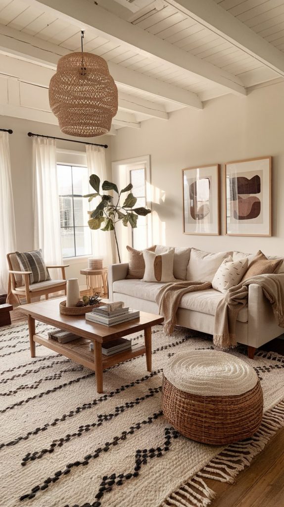 a farmhouse living room with layered jute and patterned wool rugs, natural linen sofa, wood furniture
