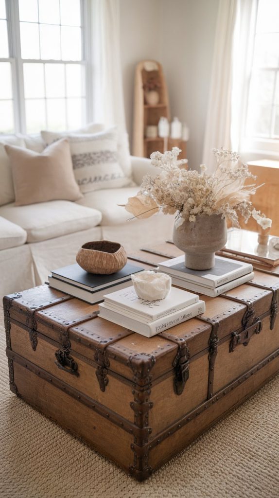 a farmhouse living room with a vintage wood trunk as coffee table, styled with books and dried flowers