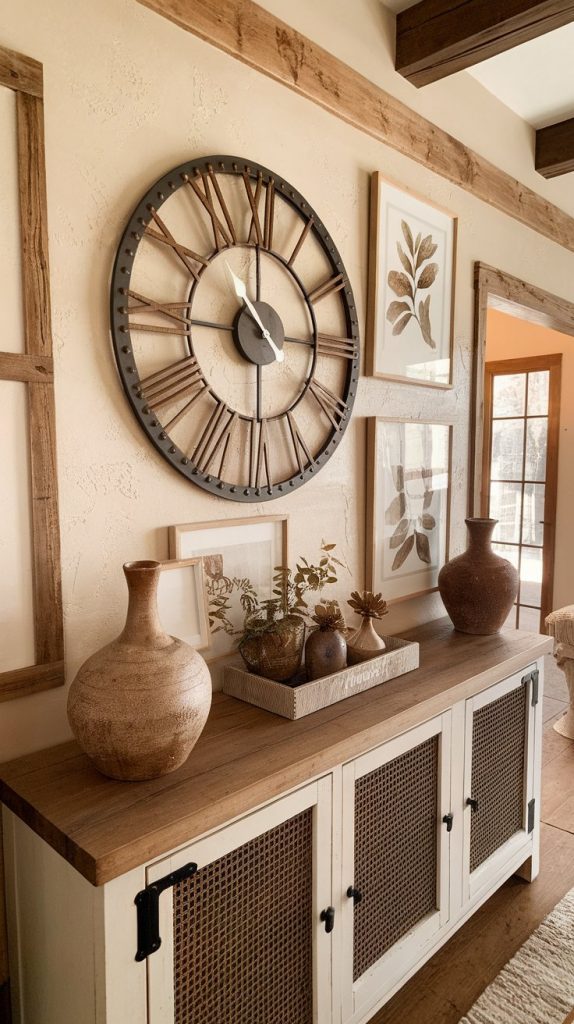 a farmhouse living room wall with a large round wood-and-metal clock, wooden console with rustic vases and framed botanicals