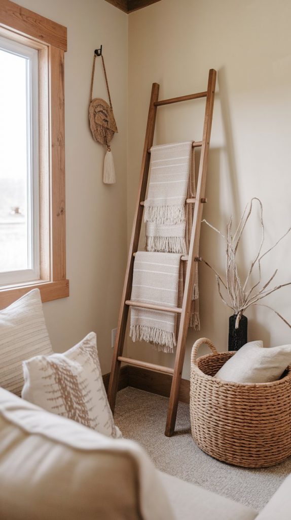 a farmhouse living room corner with a wooden blanket ladder displaying neutral throws, soft wall colors