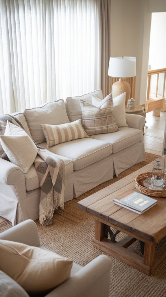 a farmhouse living room with a slipcovered sofa in light neutral tones, styled with cozy pillows and throws
