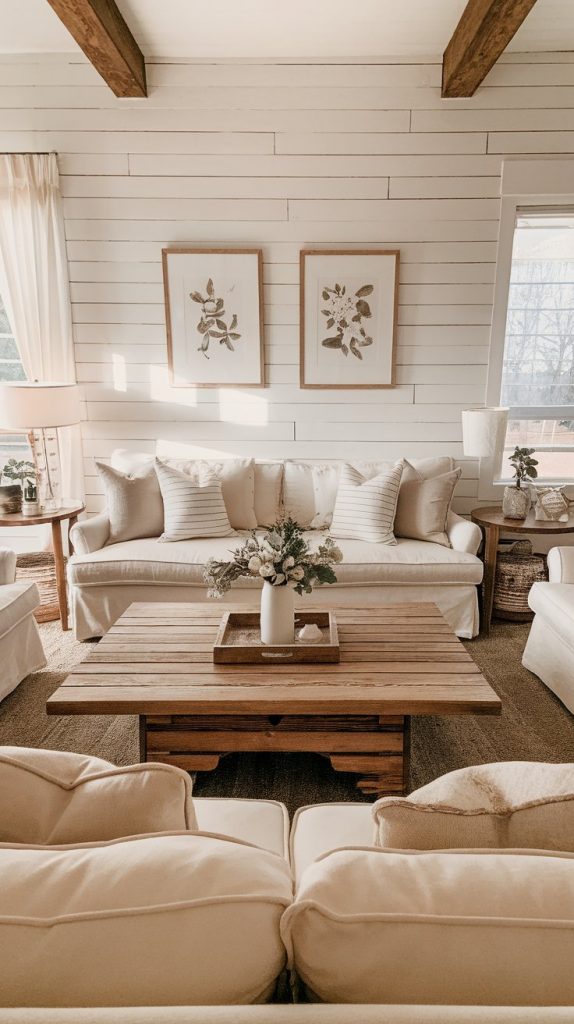 a farmhouse living room with a white shiplap accent wall, wood coffee table, soft neutral furniture, and framed wall art