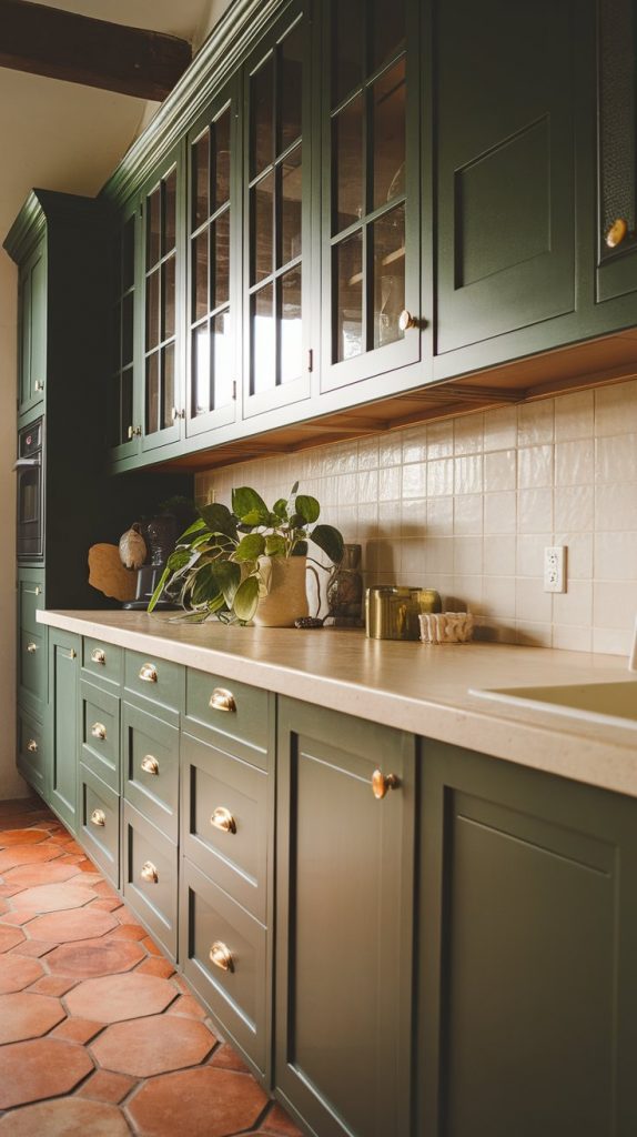 a kitchen with forest green slab cabinets, gold hardware, creamy stone countertops, and terracotta tile flooring