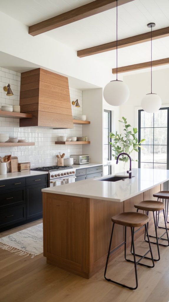 eye-level kitchen shot with matte black lower cabinets, walnut wood uppers, white quartz countertops, minimalist pendant lights