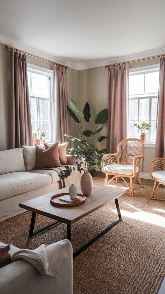 a living room with a linen sofa, wood coffee table, jute rug, rattan chairs, and muted accents