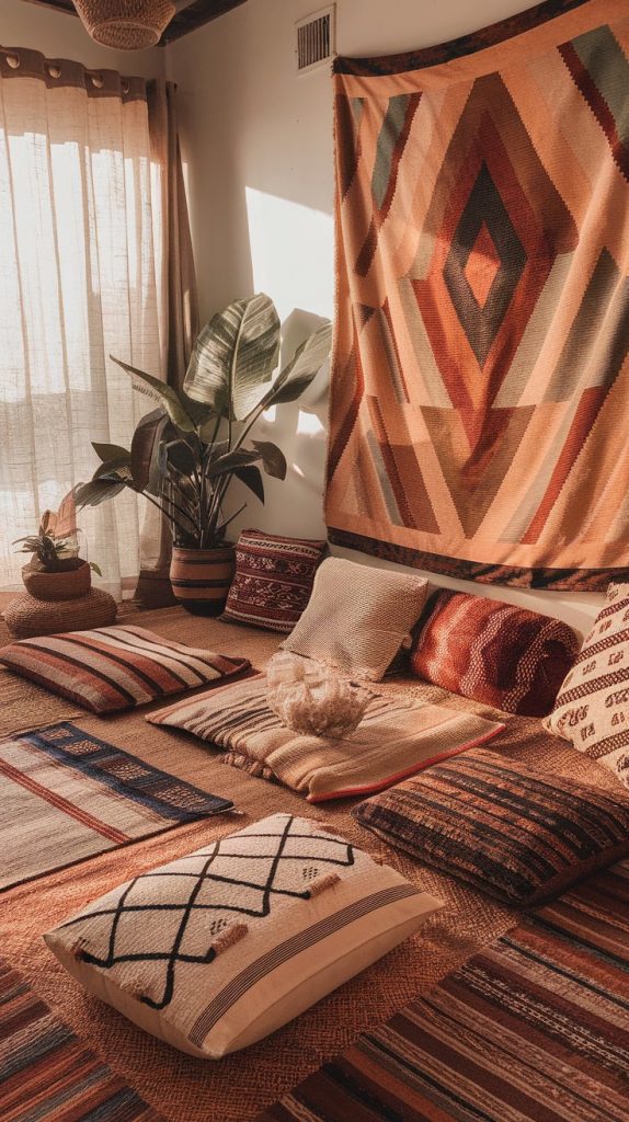 a low-slung Afro Chic living room with global textiles, floor seating, tapestry, and ambient natural light