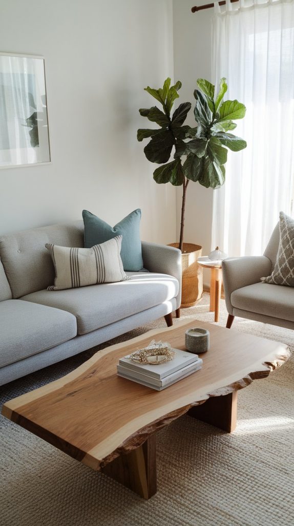 minimalist living room with grey sofa, ash wood table, light-blue accents, fiddle leaf fig plant