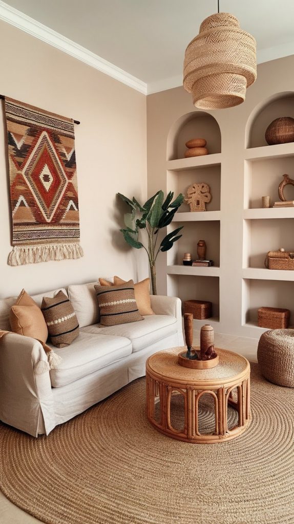 a neutral Afro Chic living room with beige walls, tribal wall art, a linen sofa, jute rug, rattan coffee table, and styled open shelves with African decor
