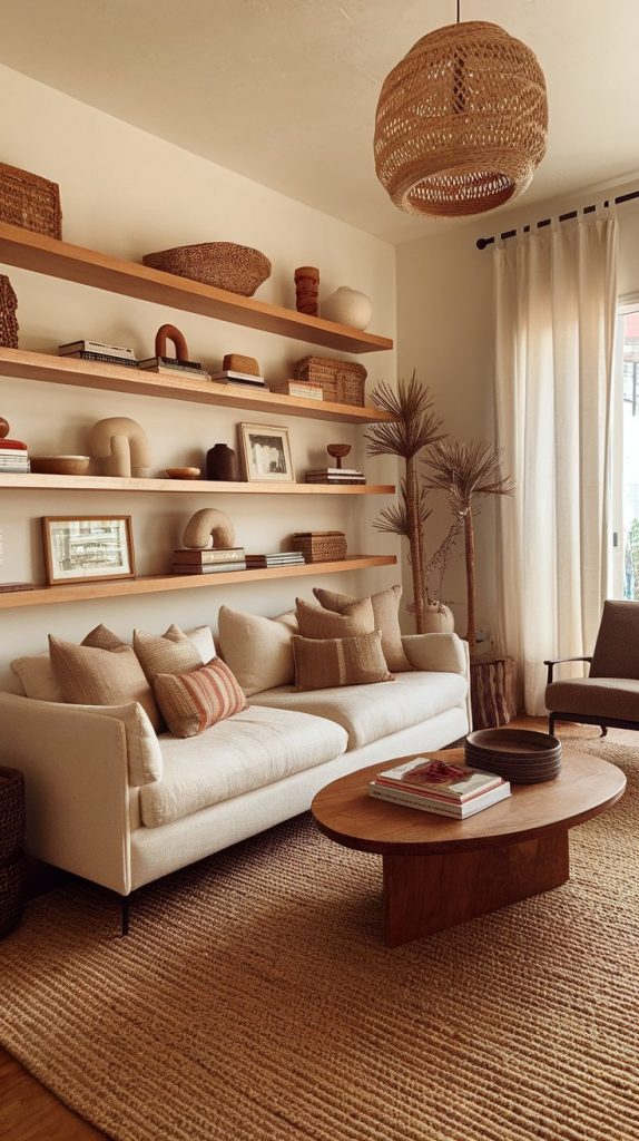 an Afro Chic living room with a styled bookshelf, neutral sofa, jute rug, sculptural decor, layered books and artisan accents under warm natural lighting