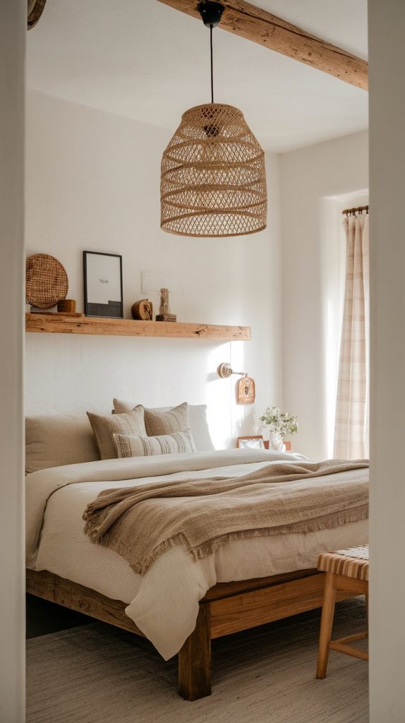 farmhouse bedroom with woven rattan pendant light over bed, white walls, neutral bedding, and wood accents