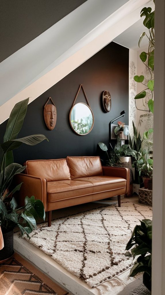 angled room layout with a matte black accent wall, tan leather sofa, eclectic Afro Chic decor including masks and mirrors