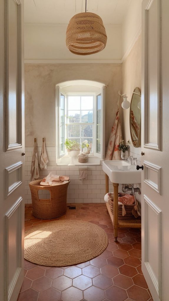 a bathroom with terracotta hex tile floors, cream plaster walls, jute rug