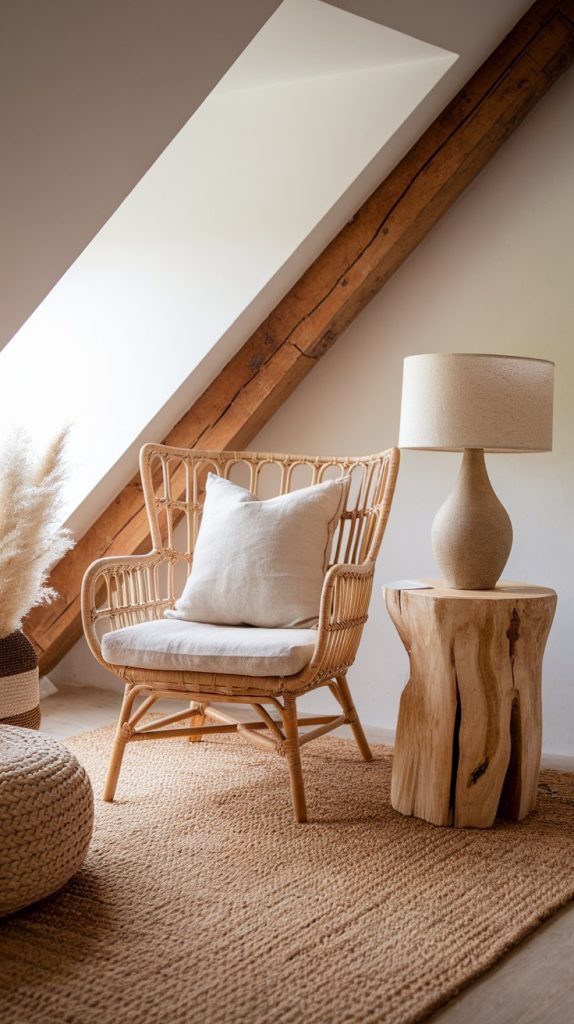 a cozy farmhouse living room reading nook with a rattan chair, linen cushion, wood side table, ceramic lamp