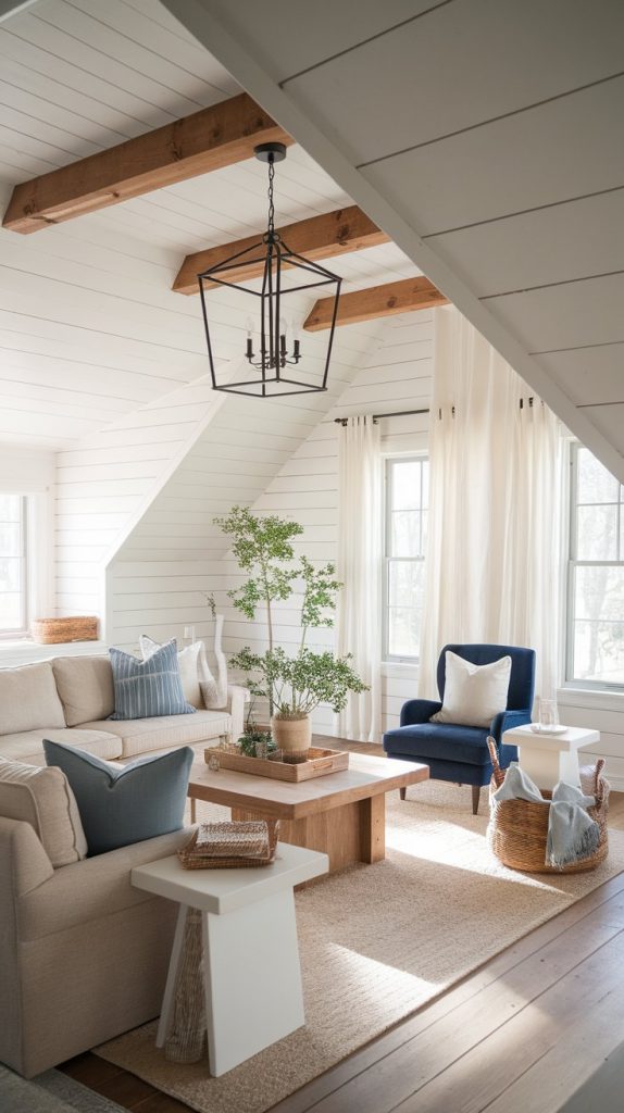 a farmhouse living room with a black metal lantern chandelier, wood beam ceiling, white walls
