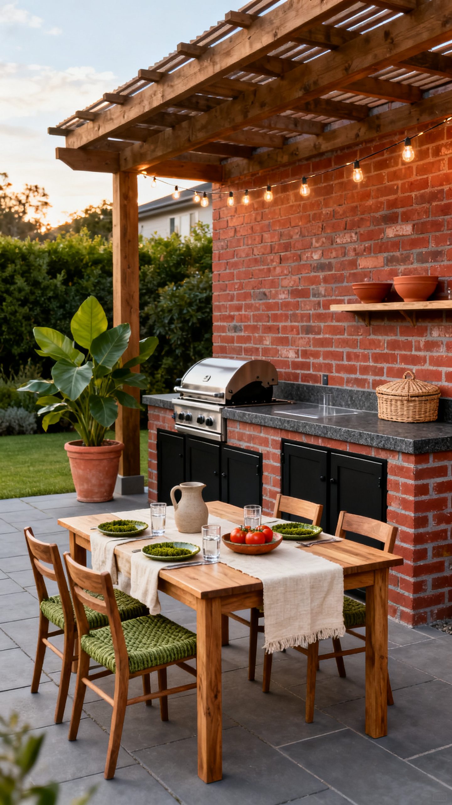 Brick Outdoor Kitchen Ideas: Classic Red Brick Beneath a Timber Pergola