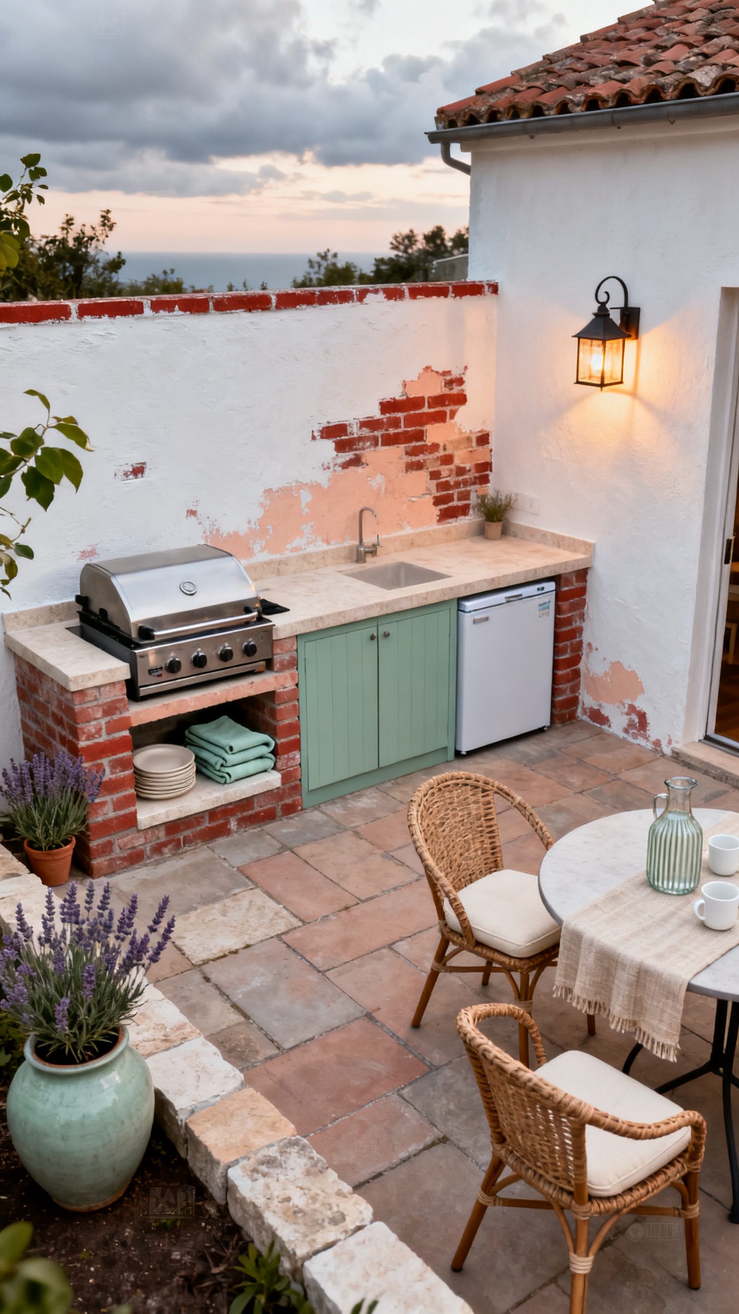 Brick Outdoor Kitchen Ideas: Soft Limewashed Brick With Sage Green Details