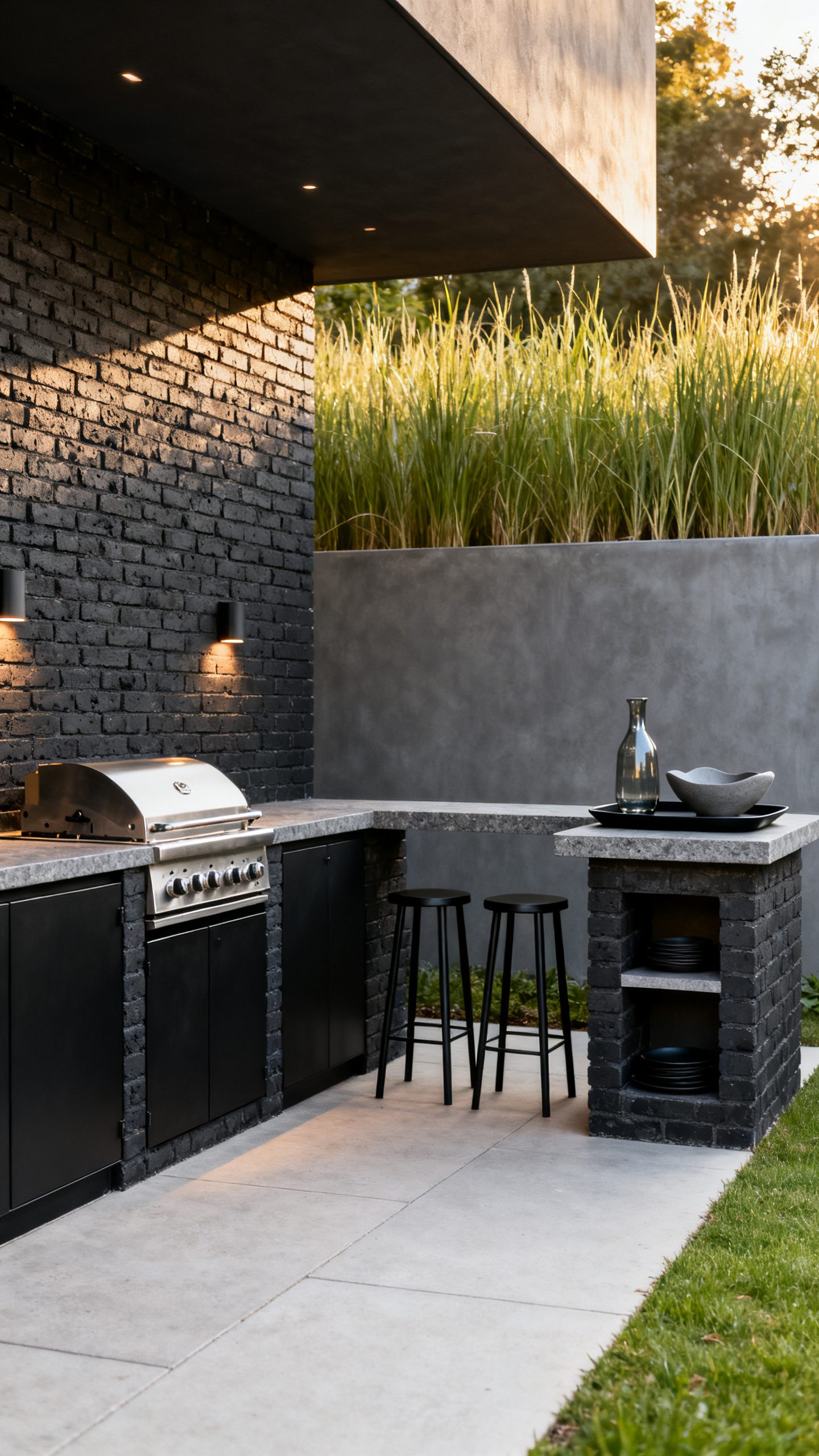 Brick Outdoor Kitchen Ideas: Charcoal Brick With Clean Modern Lines