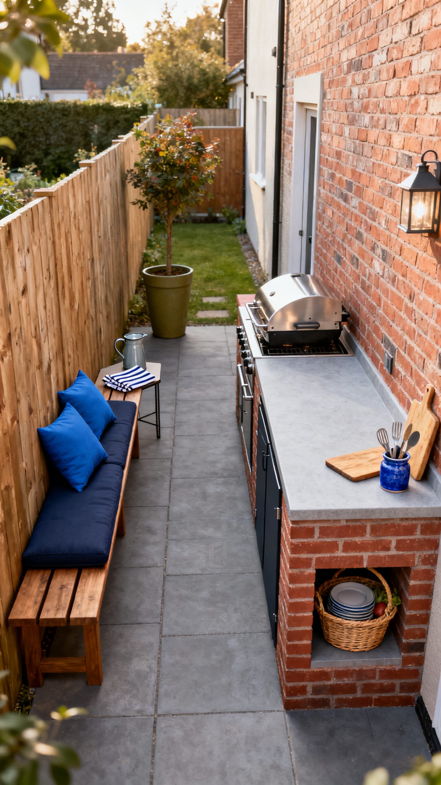 Brick Outdoor Kitchen Ideas: A Compact Brick Kitchen Along the Fence