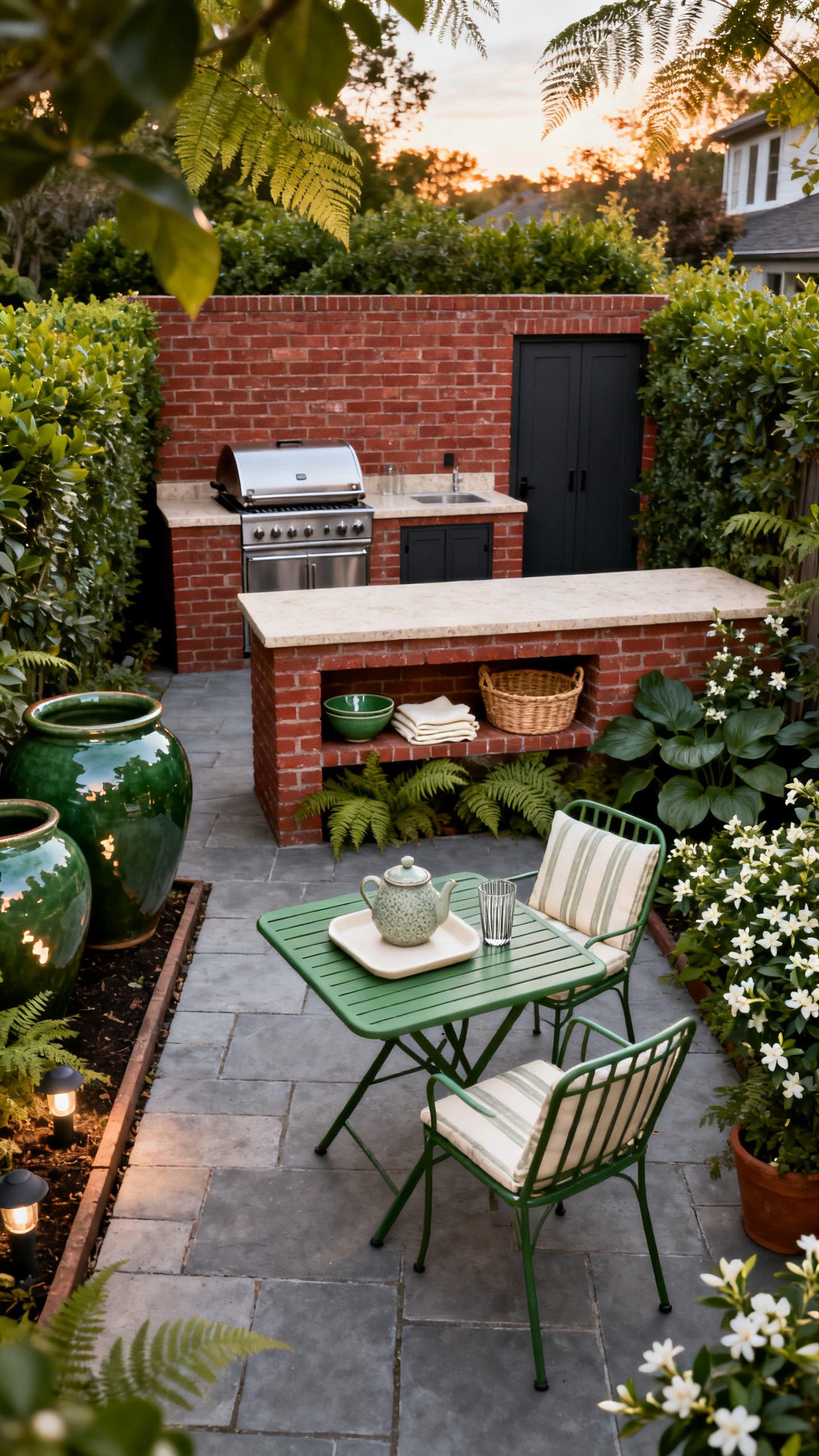 Brick Outdoor Kitchen Ideas: A Leafy Brick Courtyard With Green Glazed Pots