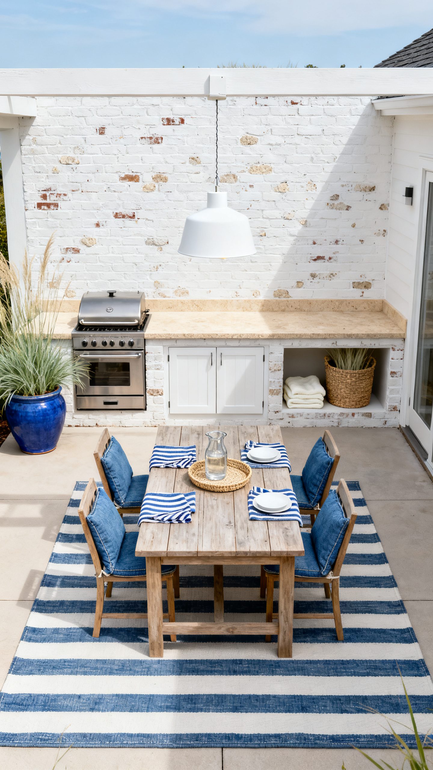Brick Outdoor Kitchen Ideas: White Brick With Blue Coastal Touches