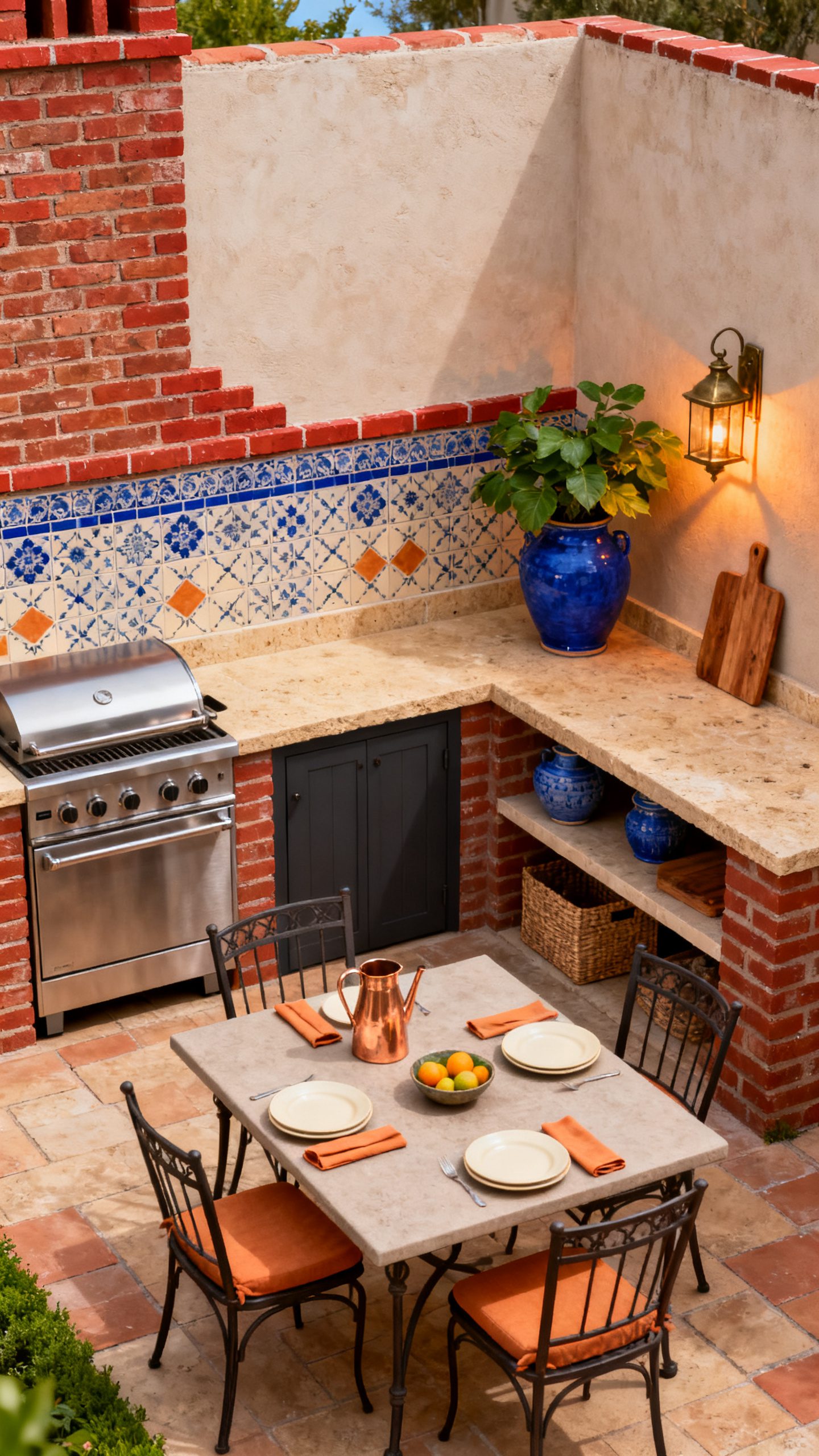 Brick Outdoor Kitchen Ideas: Brick and Colorful Mediterranean Tile