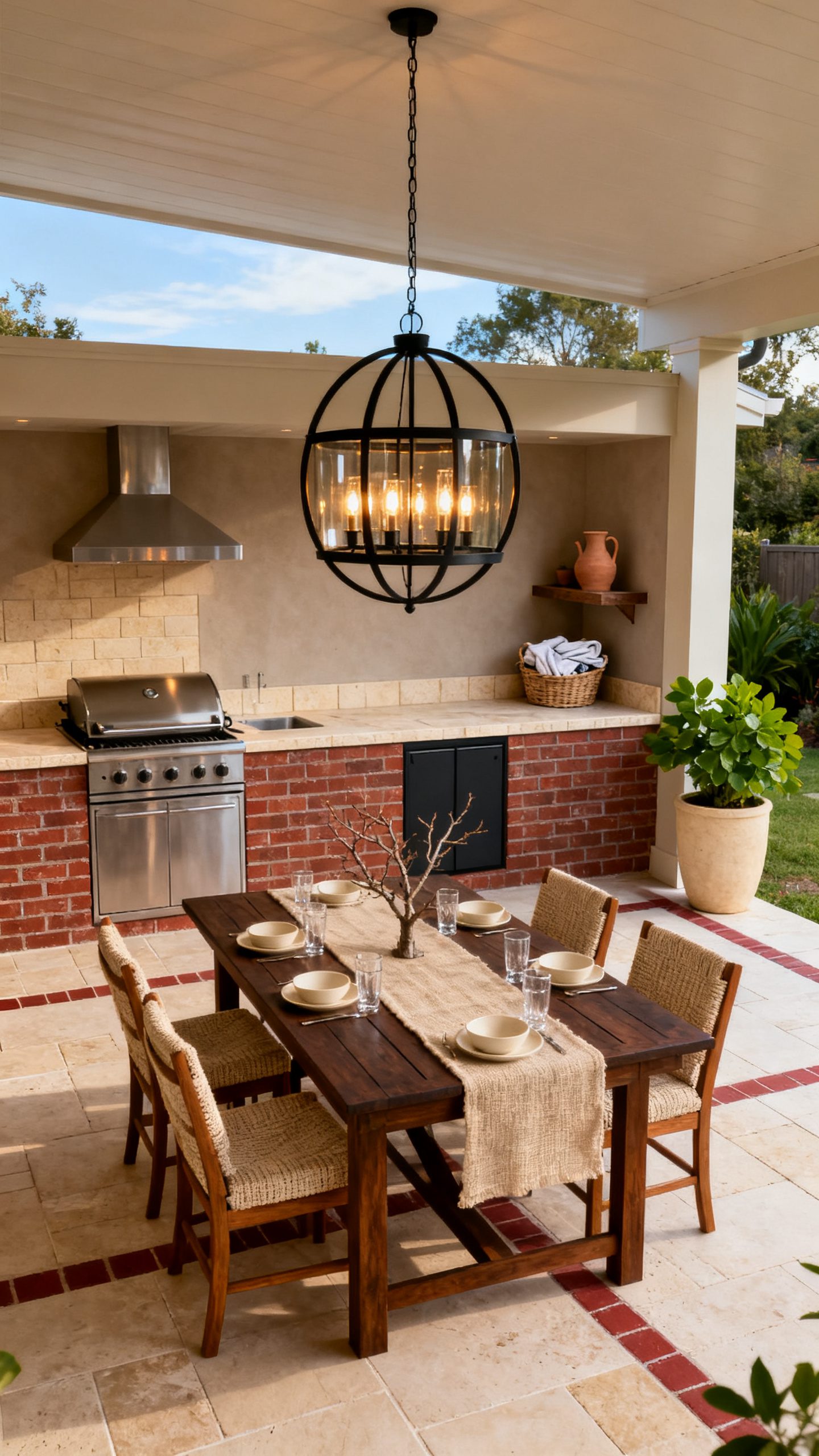 Brick Outdoor Kitchen Ideas: A Covered Brick Kitchen With an Outdoor Chandelier
