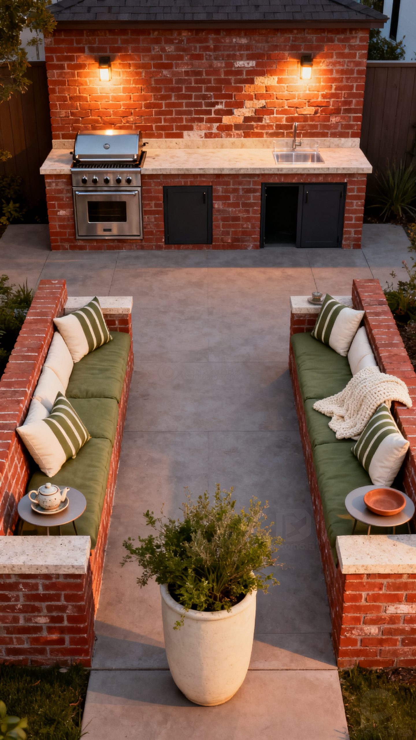 Brick Outdoor Kitchen Ideas: A Brick Kitchen Framed by a Built-In Bench