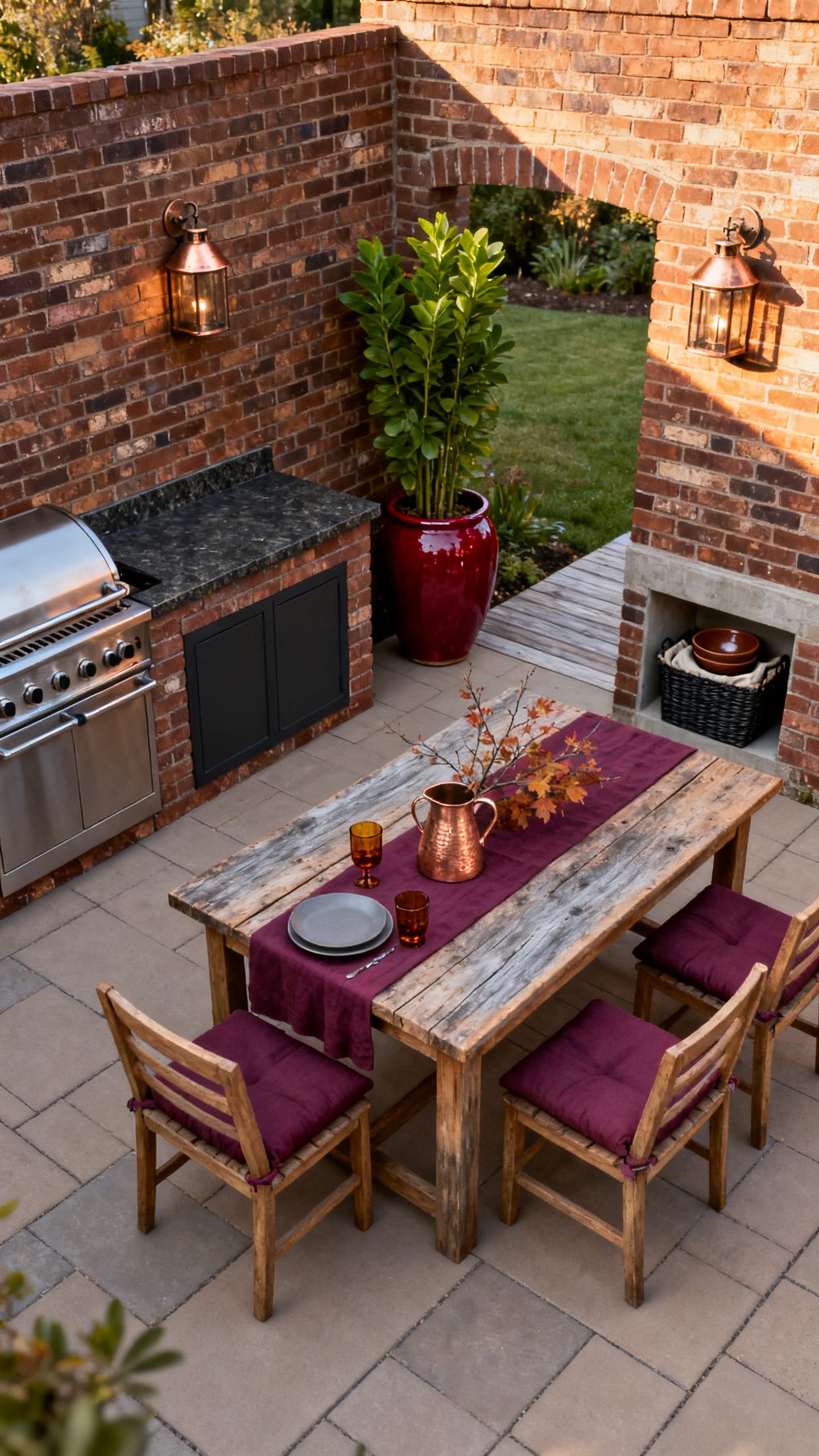 Brick Outdoor Kitchen Ideas: Earthy Brown Brick With Copper and Plum Accents
