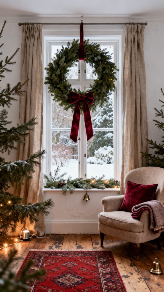 A Ribbon-Hung Wreath With a Velvet Bow