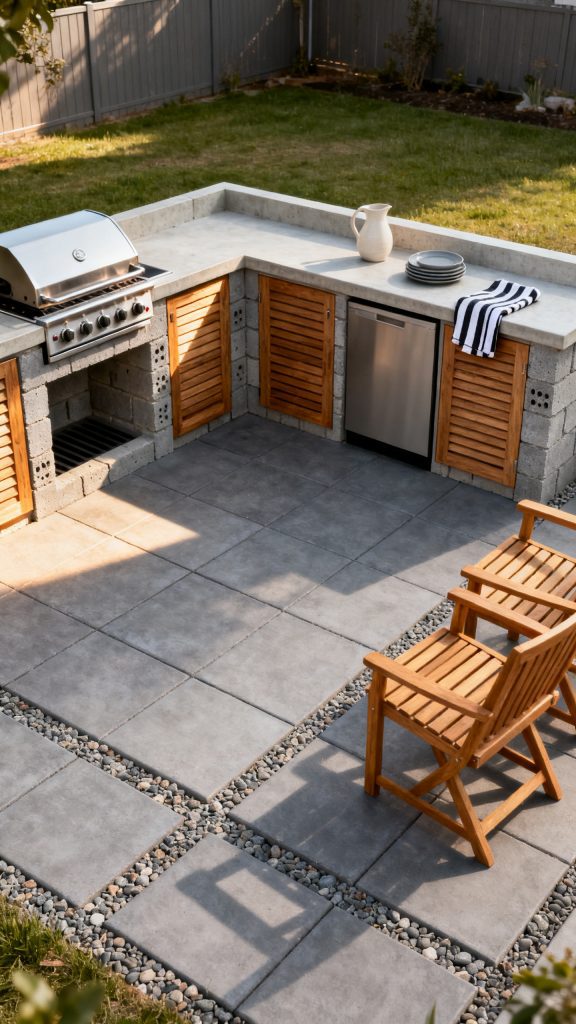 A Straight Gray Block Kitchen with Warm Wood