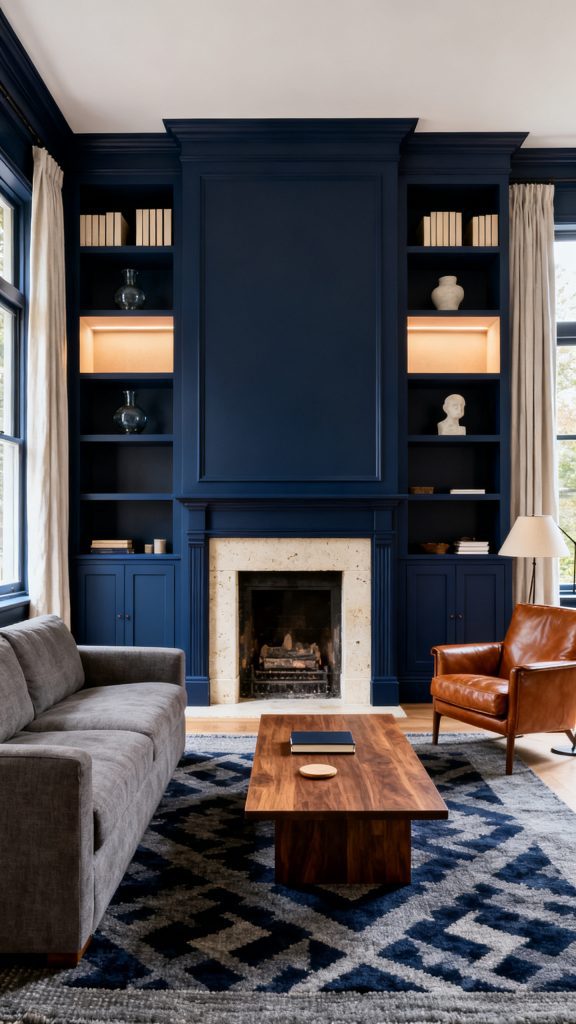 Make a Navy Fireplace Wall the Heart of the Living Room