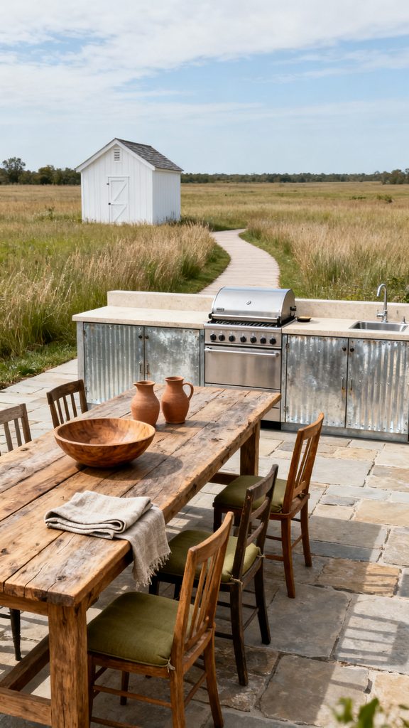 Long wooden harvest table with olive cushions beside a galvanized metal farmhouse outdoor kitchen